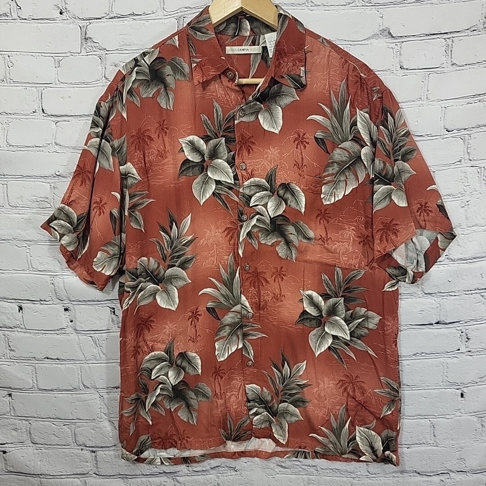 Moda Campia Hawaiian Shirt Mens M Medium Floral Gray Orange‎